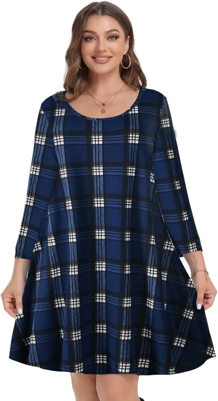 MONNURO Women's Plus Size Fall Dresses 3/4 Sleeve Casual Loose Fit Swing T-Shirt Dress with Pockets