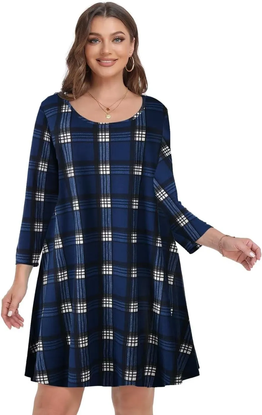 MONNURO Women's Plus Size Fall Dresses 3/4 Sleeve Casual Loose Fit Swing T-Shirt Dress with Pockets