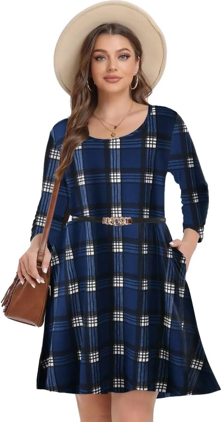 MONNURO Women's Plus Size Fall Dresses 3/4 Sleeve Casual Loose Fit Swing T-Shirt Dress with Pockets