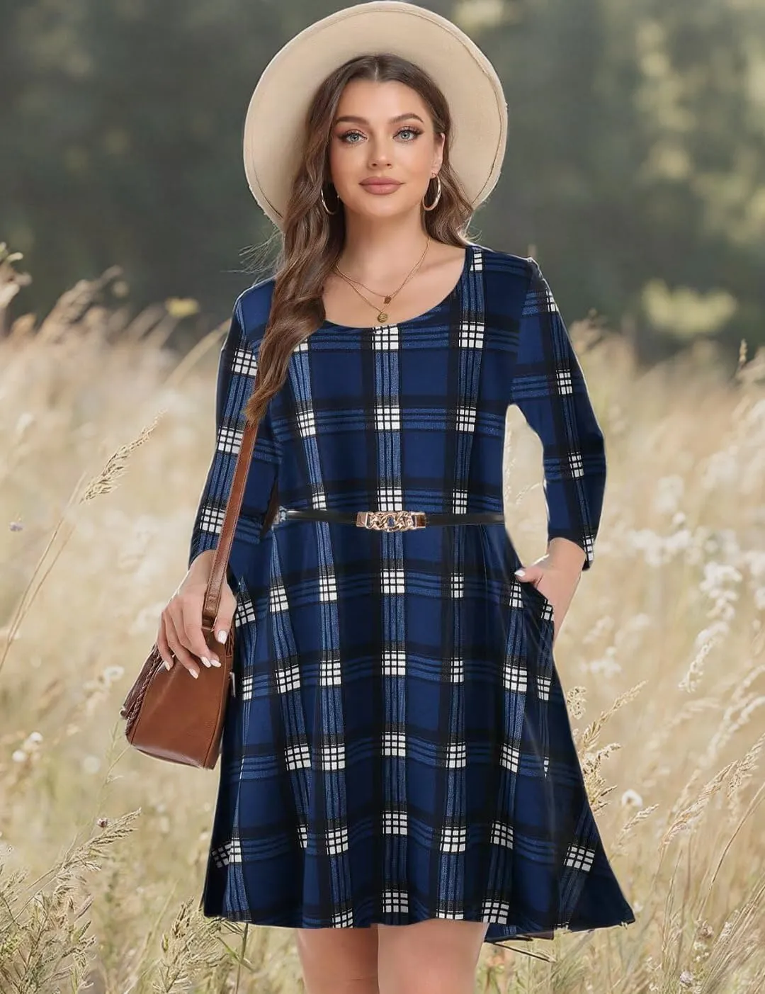 MONNURO Women's Plus Size Fall Dresses 3/4 Sleeve Casual Loose Fit Swing T-Shirt Dress with Pockets