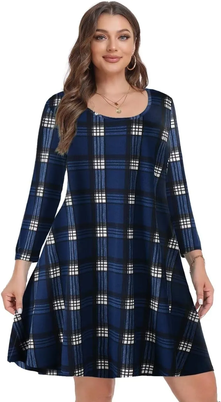 MONNURO Women's Plus Size Fall Dresses 3/4 Sleeve Casual Loose Fit Swing T-Shirt Dress with Pockets