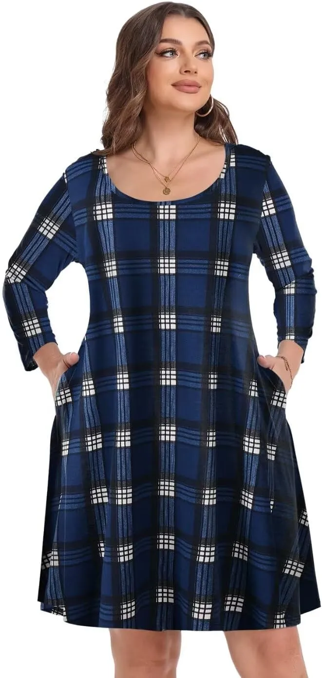 MONNURO Women's Plus Size Fall Dresses 3/4 Sleeve Casual Loose Fit Swing T-Shirt Dress with Pockets