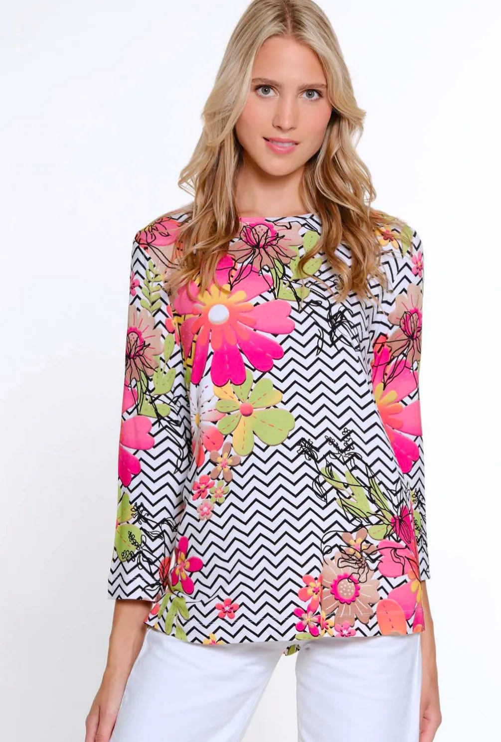 Multiples: 3/4 Sleeve Scoop Neck Embelished Top in Multi M15412TM