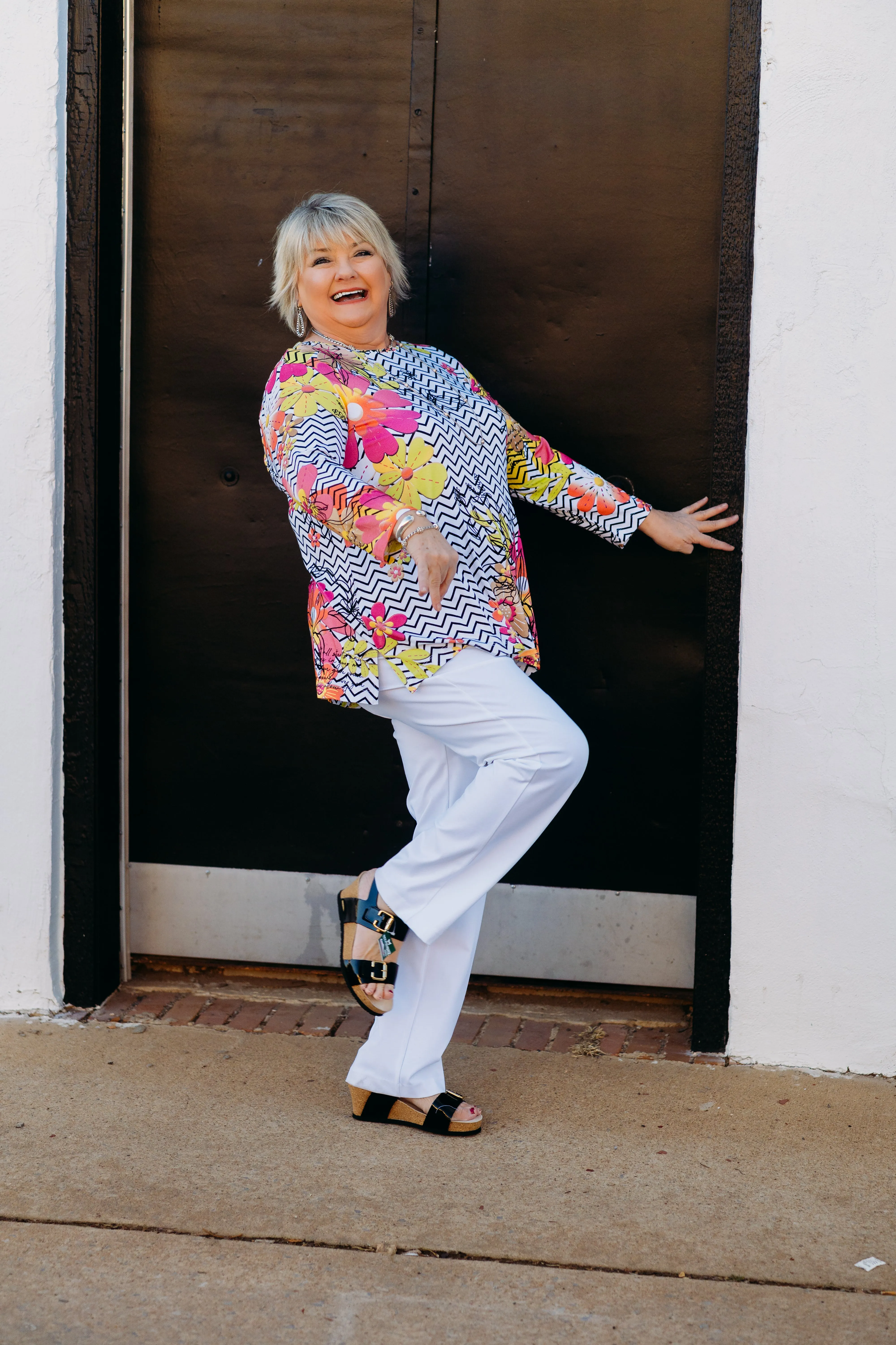Multiples: 3/4 Sleeve Scoop Neck Embelished Top in Multi M15412TM