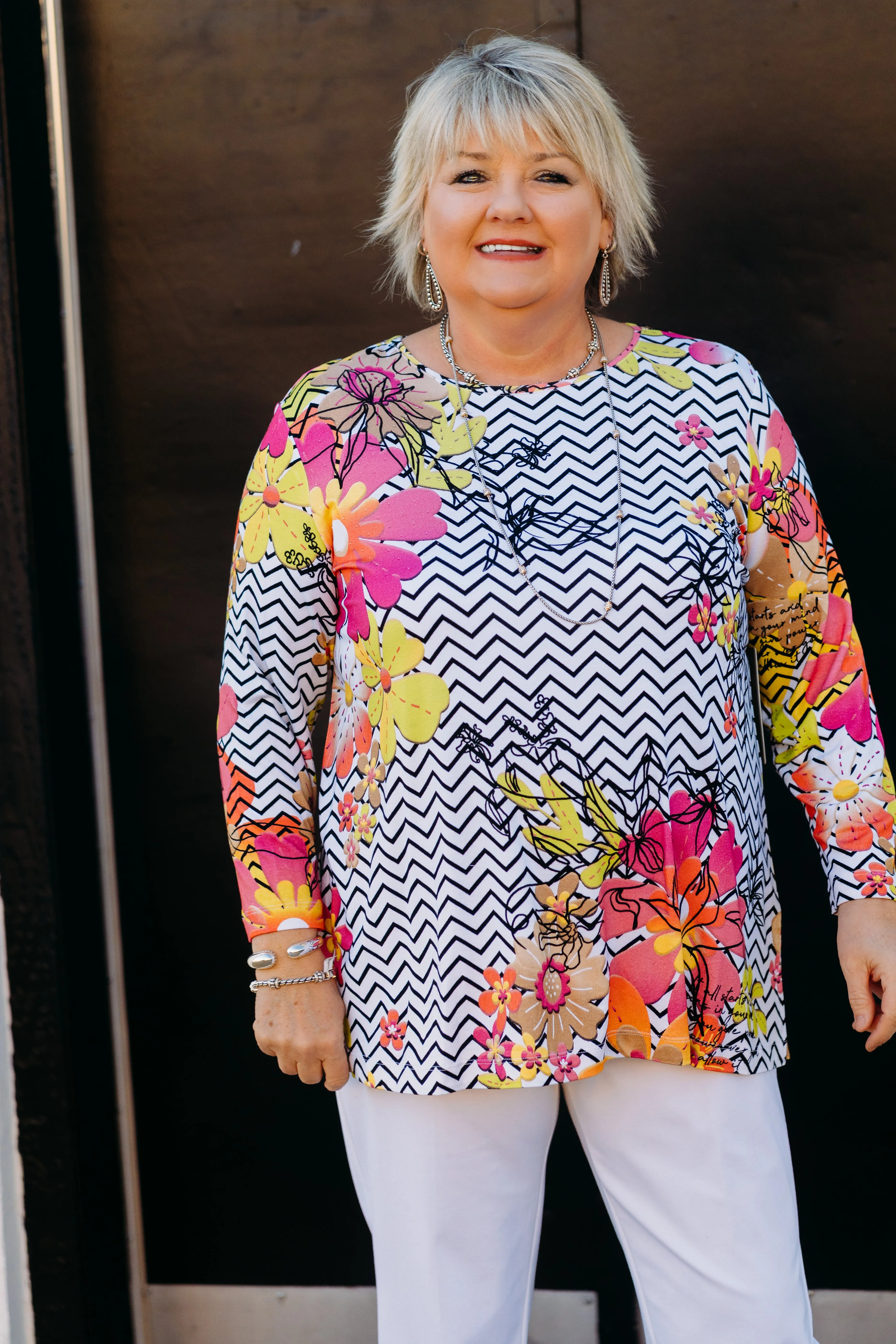 Multiples: 3/4 Sleeve Scoop Neck Embelished Top in Multi M15412TM