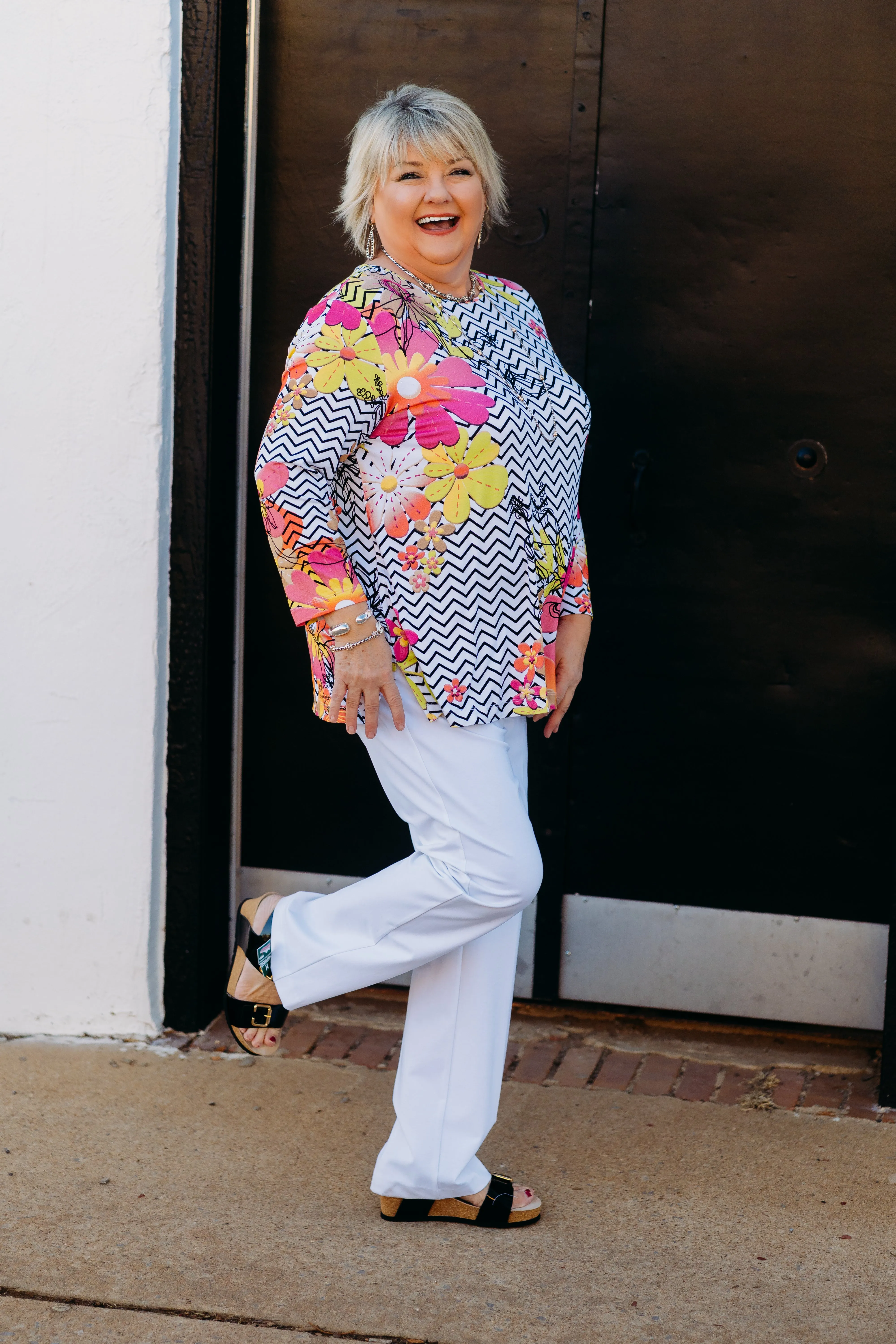 Multiples: 3/4 Sleeve Scoop Neck Embelished Top in Multi M15412TM