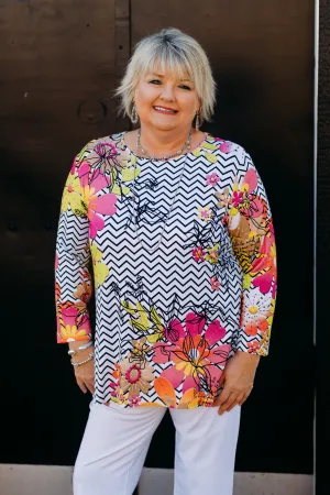 Multiples: 3/4 Sleeve Scoop Neck Embelished Top in Multi M15412TM