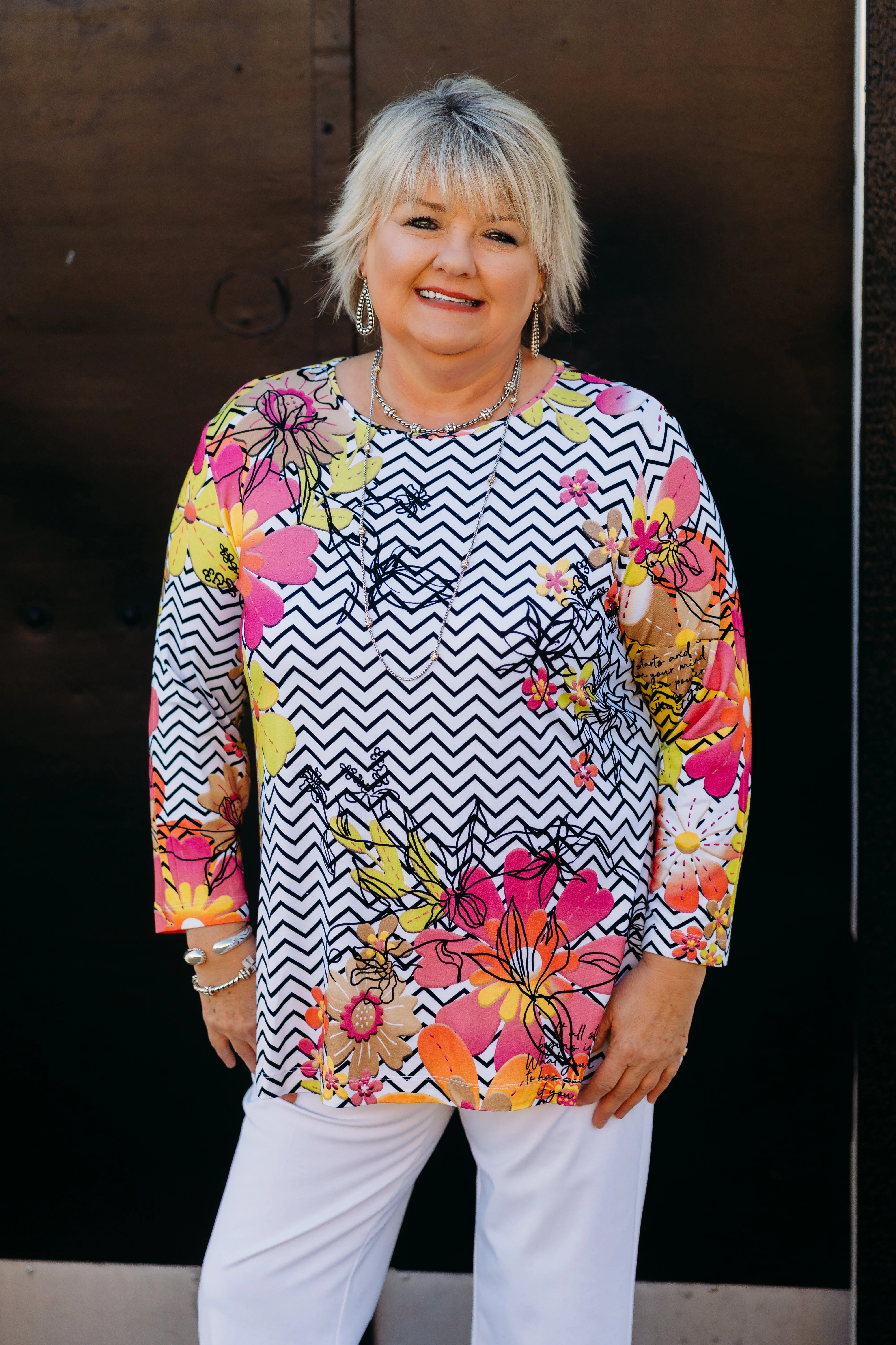 Multiples: 3/4 Sleeve Scoop Neck Embelished Top in Multi M15412TM
