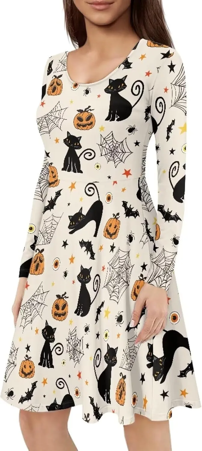 Mumeson Women's Casual Dresses Long Sleeve Round Neck Midi Dress Elegant Swing Maxi Dresses S-4XL