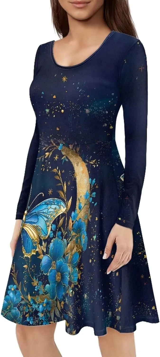 Mumeson Women's Casual Dresses Long Sleeve Round Neck Midi Dress Elegant Swing Maxi Dresses S-4XL