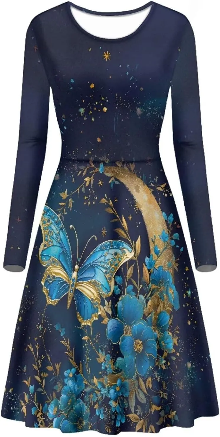 Mumeson Women's Casual Dresses Long Sleeve Round Neck Midi Dress Elegant Swing Maxi Dresses S-4XL