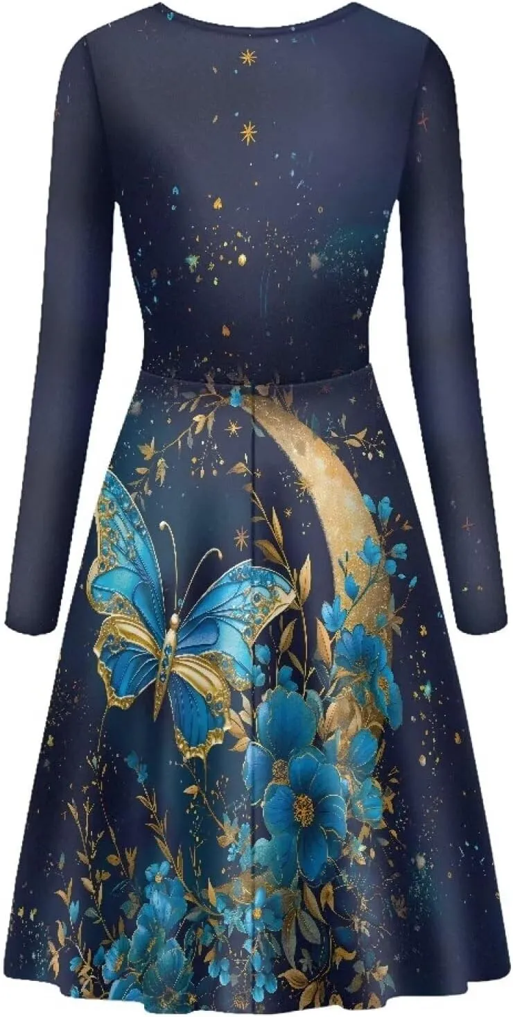 Mumeson Women's Casual Dresses Long Sleeve Round Neck Midi Dress Elegant Swing Maxi Dresses S-4XL