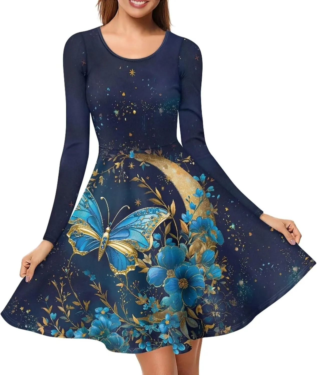 Mumeson Women's Casual Dresses Long Sleeve Round Neck Midi Dress Elegant Swing Maxi Dresses S-4XL