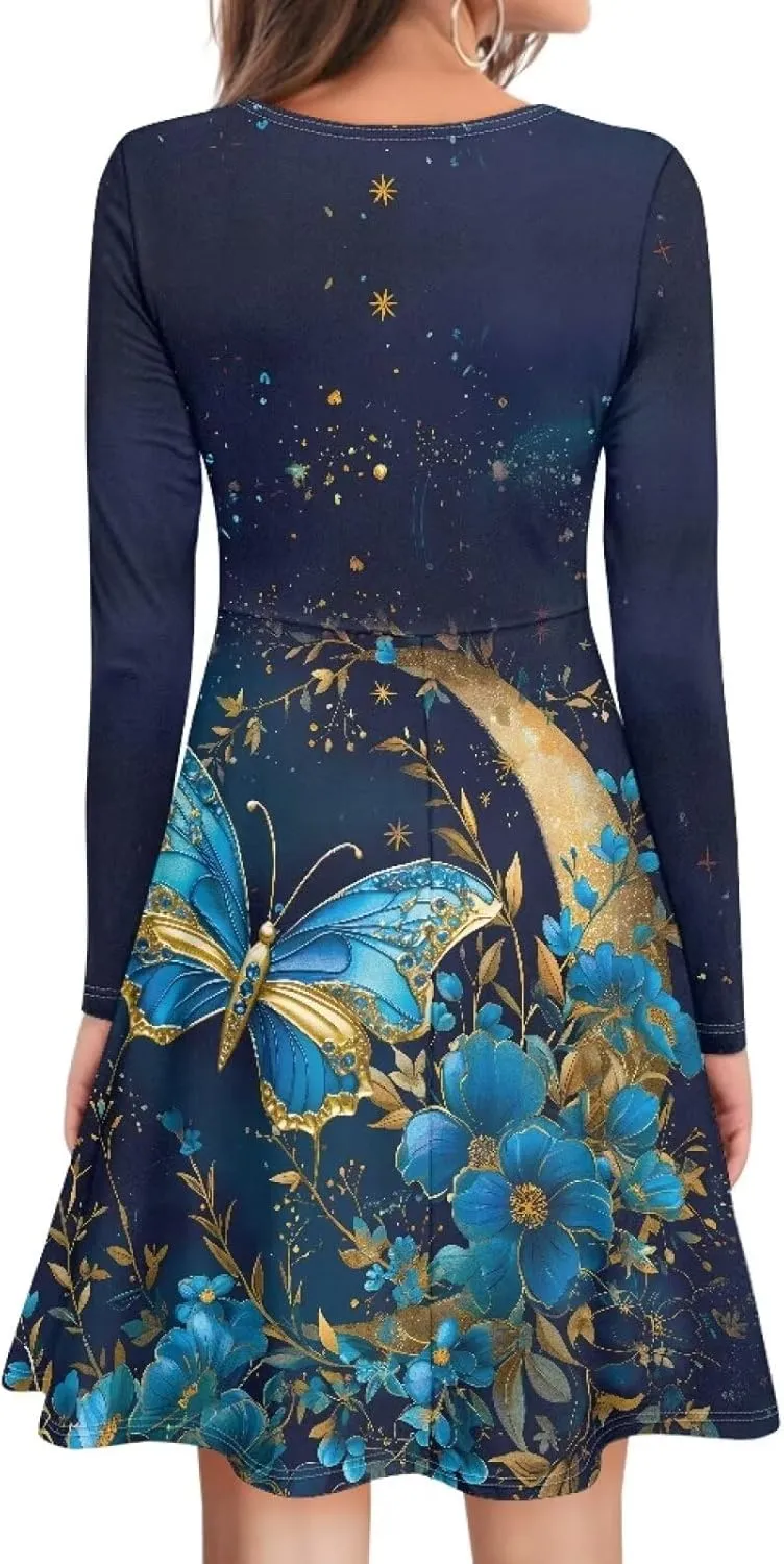 Mumeson Women's Casual Dresses Long Sleeve Round Neck Midi Dress Elegant Swing Maxi Dresses S-4XL