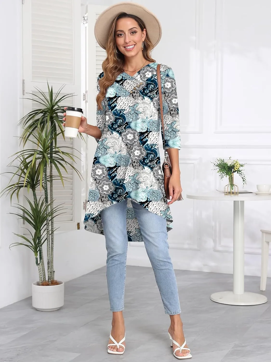 Naggoo Womens Long Shirts for Leggings 3/4 Sleeve V Neck Button Decor High Low Tops Casual Loose Fit Tunic Tops