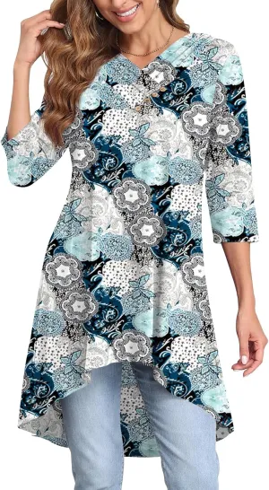 Naggoo Womens Long Shirts for Leggings 3/4 Sleeve V Neck Button Decor High Low Tops Casual Loose Fit Tunic Tops