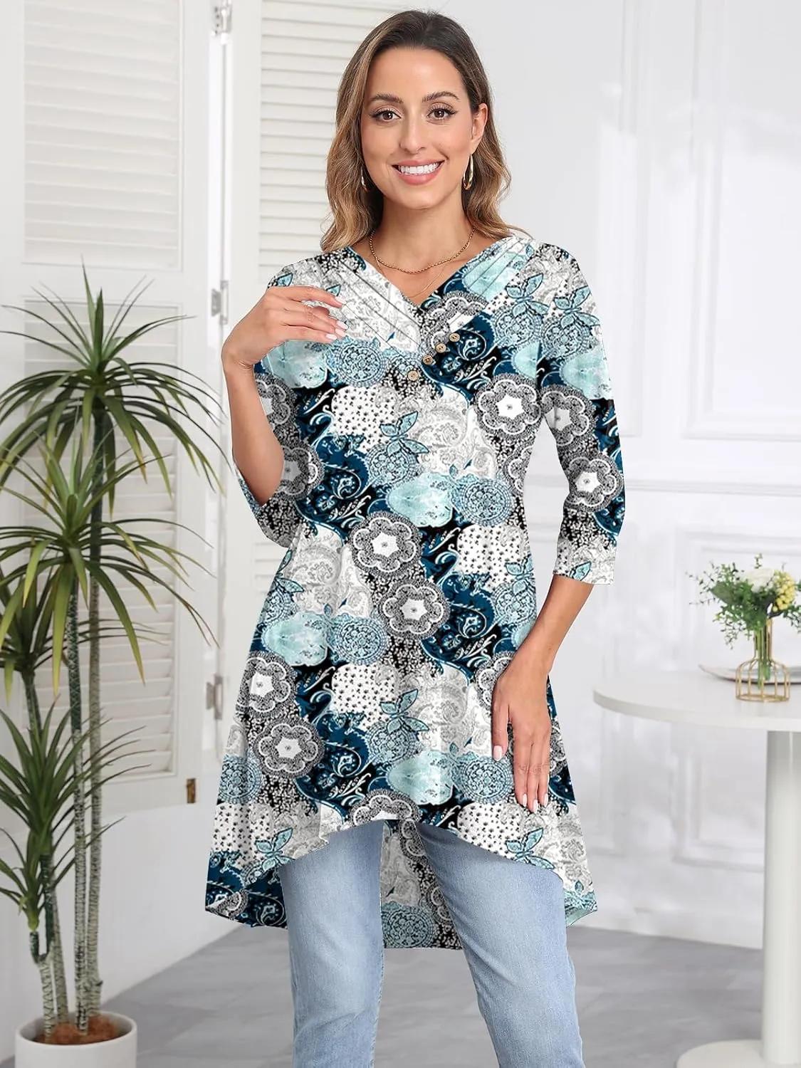 Naggoo Womens Long Shirts for Leggings 3/4 Sleeve V Neck Button Decor High Low Tops Casual Loose Fit Tunic Tops