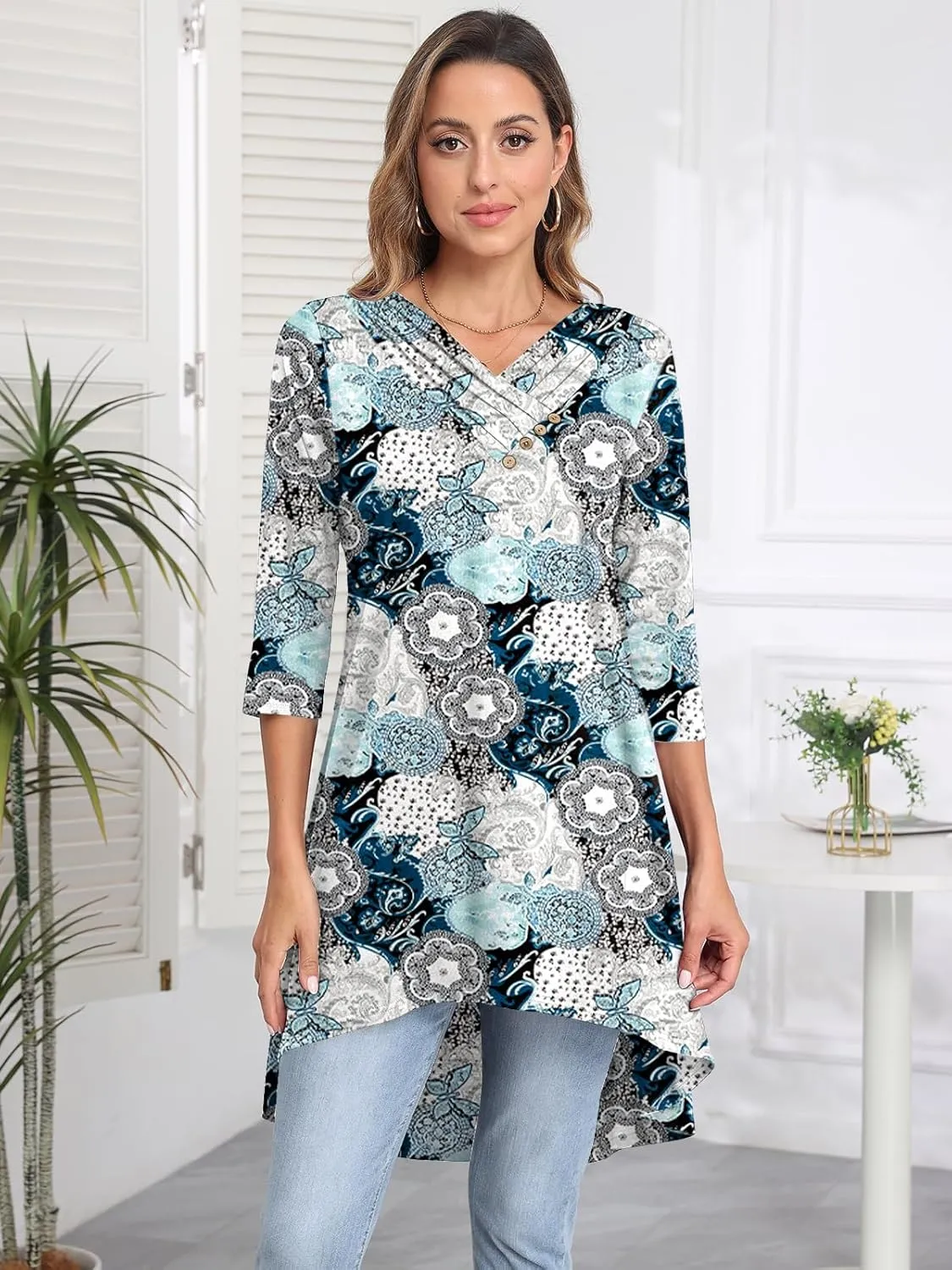 Naggoo Womens Long Shirts for Leggings 3/4 Sleeve V Neck Button Decor High Low Tops Casual Loose Fit Tunic Tops