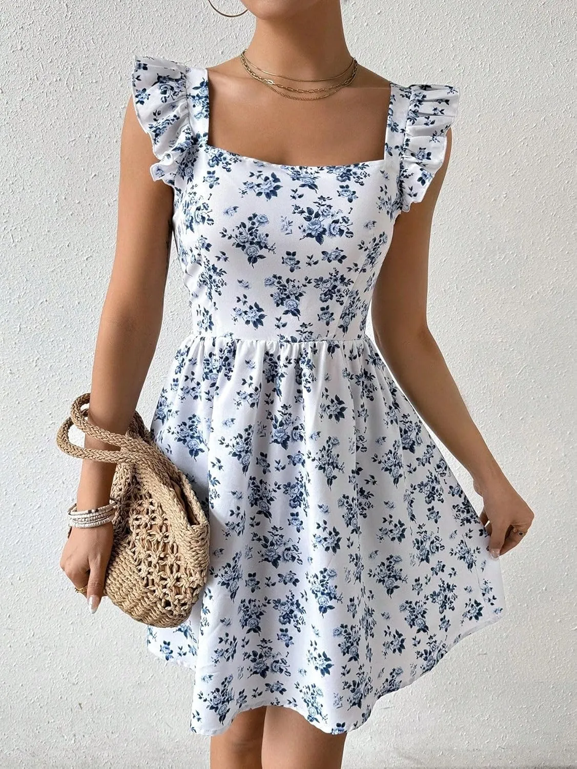 Narecte Women's Floral Mini Dress Cap Sleeve Boho Dresses for Women 2025 Casual Summer Dresses Short Sun Dresses