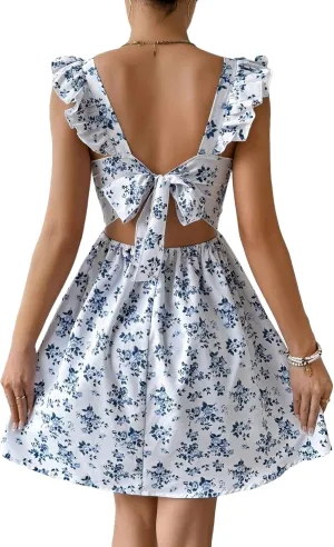 Narecte Women's Floral Mini Dress Cap Sleeve Boho Dresses for Women 2025 Casual Summer Dresses Short Sun Dresses