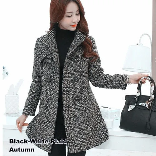New 2020 Women's Wool Blends Coat Winter Autumn Fashion Elegant Mother Turtleneck Plaid Slim