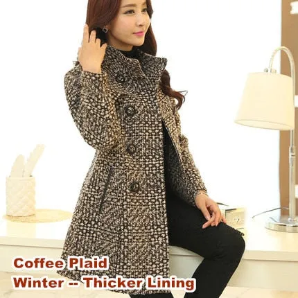 New 2020 Women's Wool Blends Coat Winter Autumn Fashion Elegant Mother Turtleneck Plaid Slim
