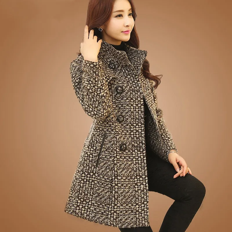 New 2020 Women's Wool Blends Coat Winter Autumn Fashion Elegant Mother Turtleneck Plaid Slim