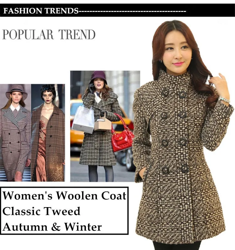 New 2020 Women's Wool Blends Coat Winter Autumn Fashion Elegant Mother Turtleneck Plaid Slim
