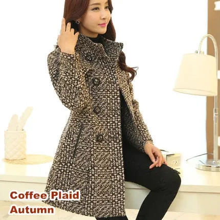 New 2020 Women's Wool Blends Coat Winter Autumn Fashion Elegant Mother Turtleneck Plaid Slim