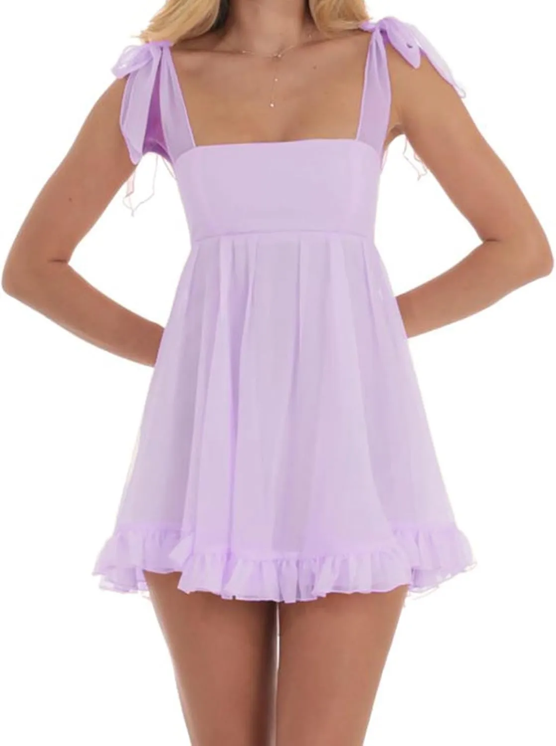 NUFIWI 2025 Bow Tie Graduation Mini Dress for Women Square Neck Tiered Flowy A Line Mini Dresses Sleeveless Flare Sundress