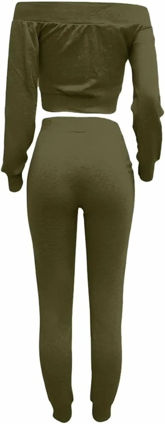 OLUOLIN Women Sexy Long Sleeve Two Pieces Outfits Tracksuit Lace Up Off Shoulder Casual Sweatsuit