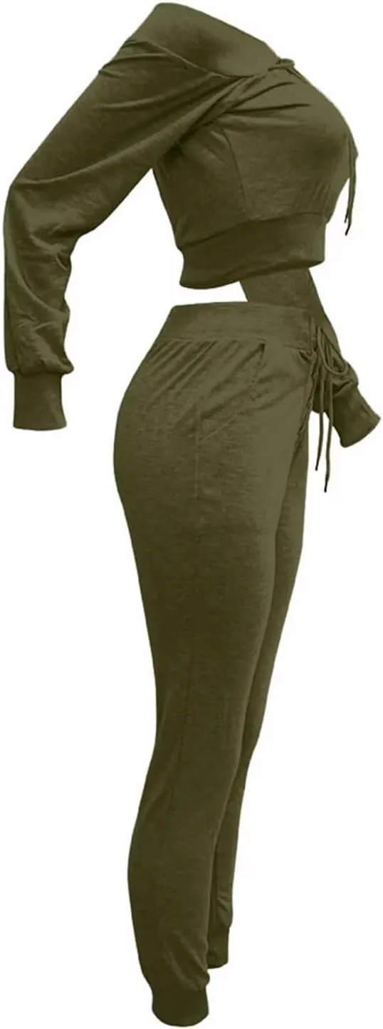 OLUOLIN Women Sexy Long Sleeve Two Pieces Outfits Tracksuit Lace Up Off Shoulder Casual Sweatsuit
