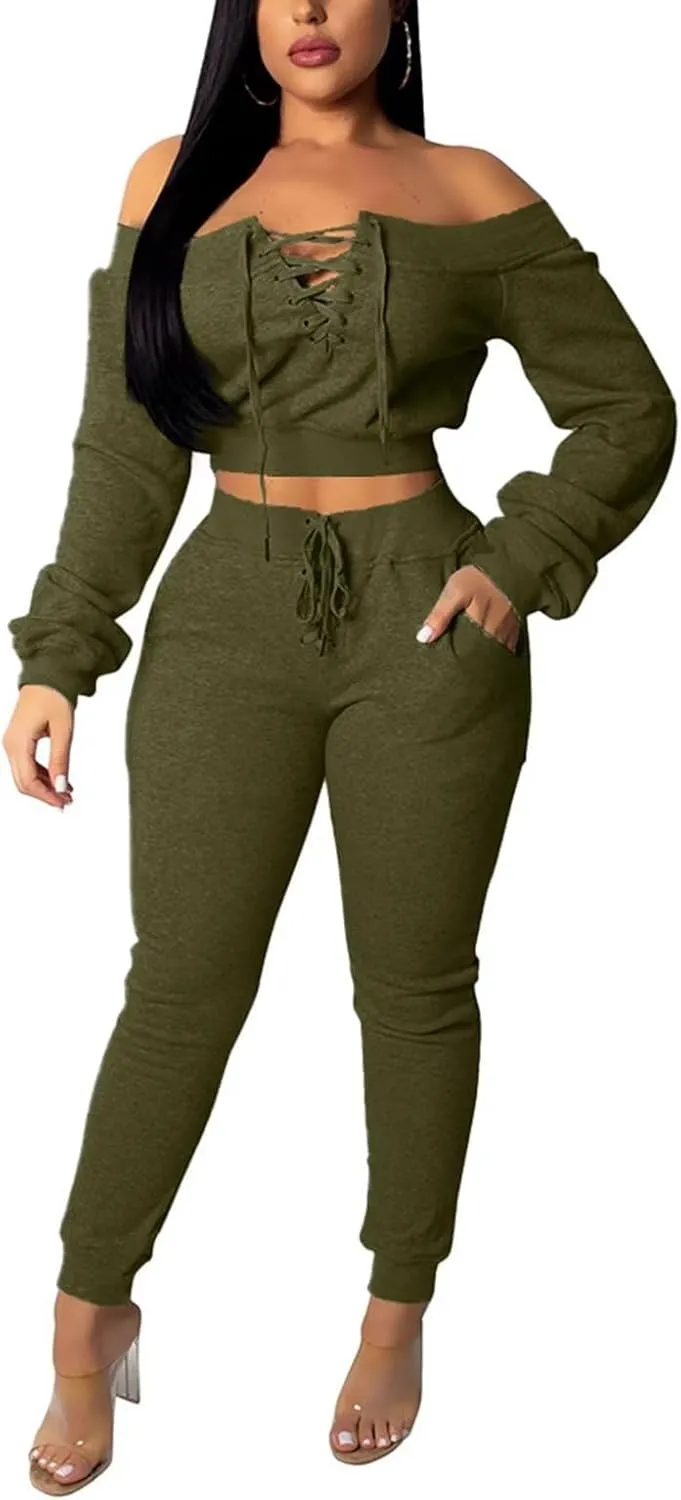 OLUOLIN Women Sexy Long Sleeve Two Pieces Outfits Tracksuit Lace Up Off Shoulder Casual Sweatsuit