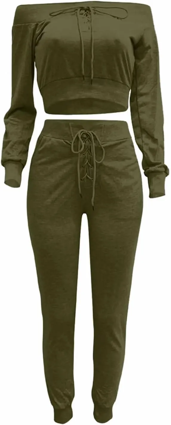 OLUOLIN Women Sexy Long Sleeve Two Pieces Outfits Tracksuit Lace Up Off Shoulder Casual Sweatsuit