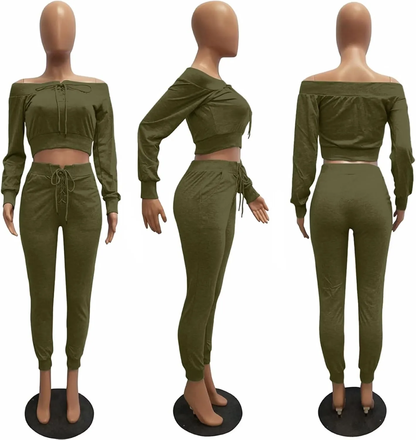OLUOLIN Women Sexy Long Sleeve Two Pieces Outfits Tracksuit Lace Up Off Shoulder Casual Sweatsuit