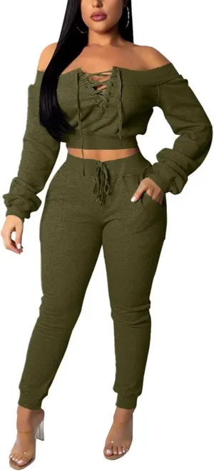 OLUOLIN Women Sexy Long Sleeve Two Pieces Outfits Tracksuit Lace Up Off Shoulder Casual Sweatsuit