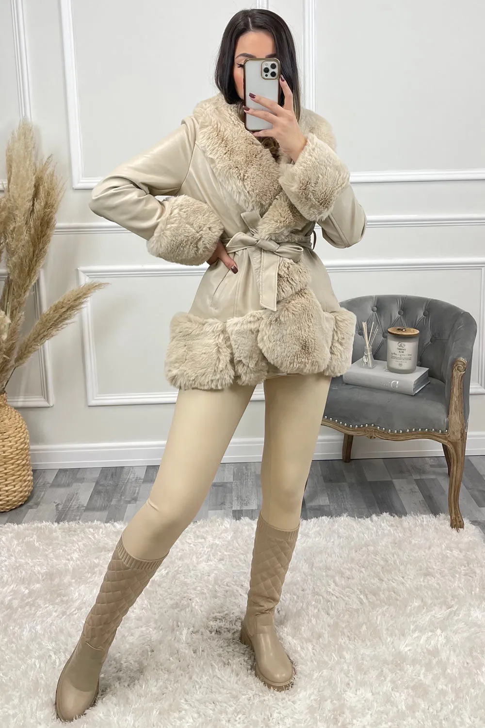 Ora Beige PU Faux Leather Faux Fur Curved Hem Belted Coat