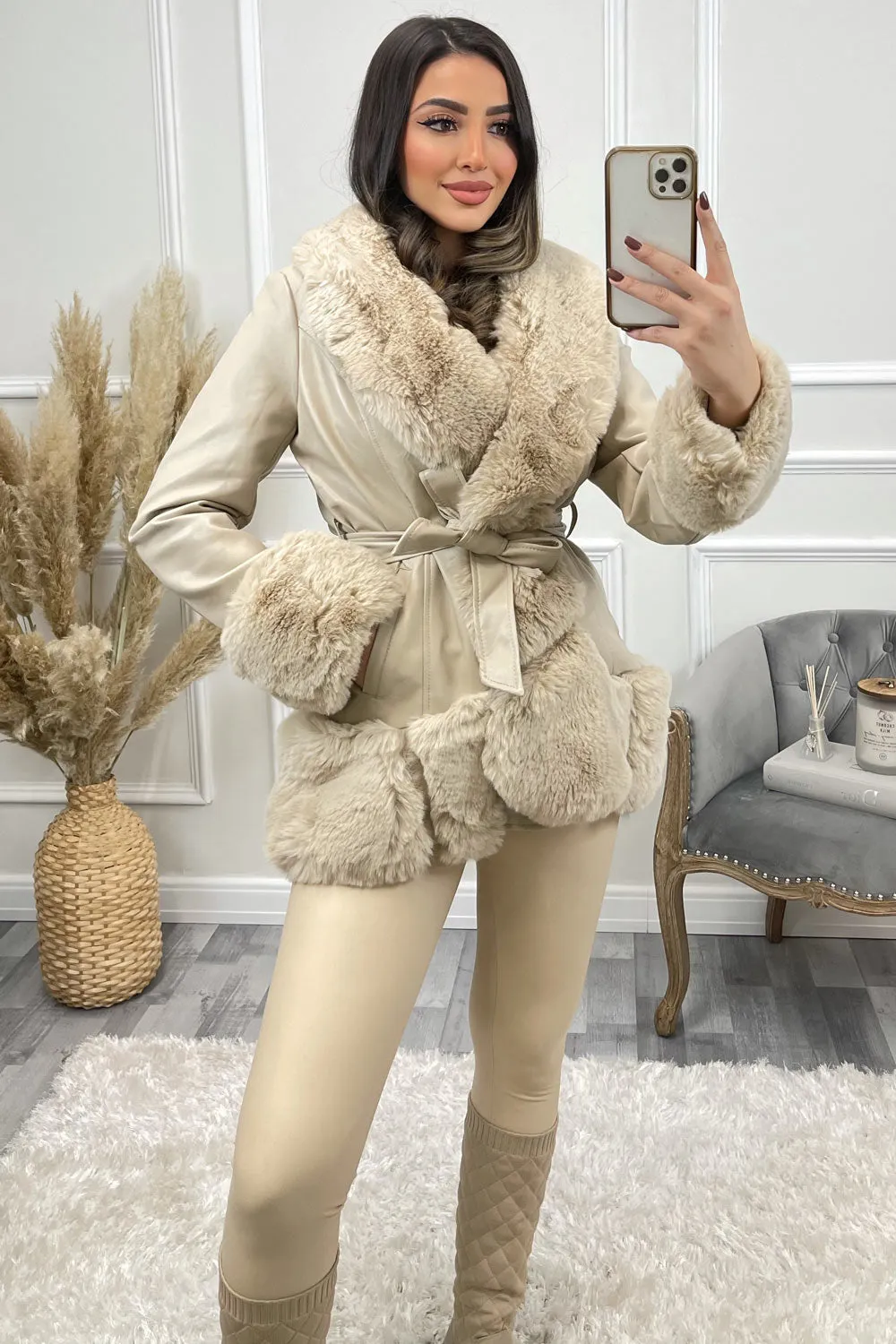 Ora Beige PU Faux Leather Faux Fur Curved Hem Belted Coat