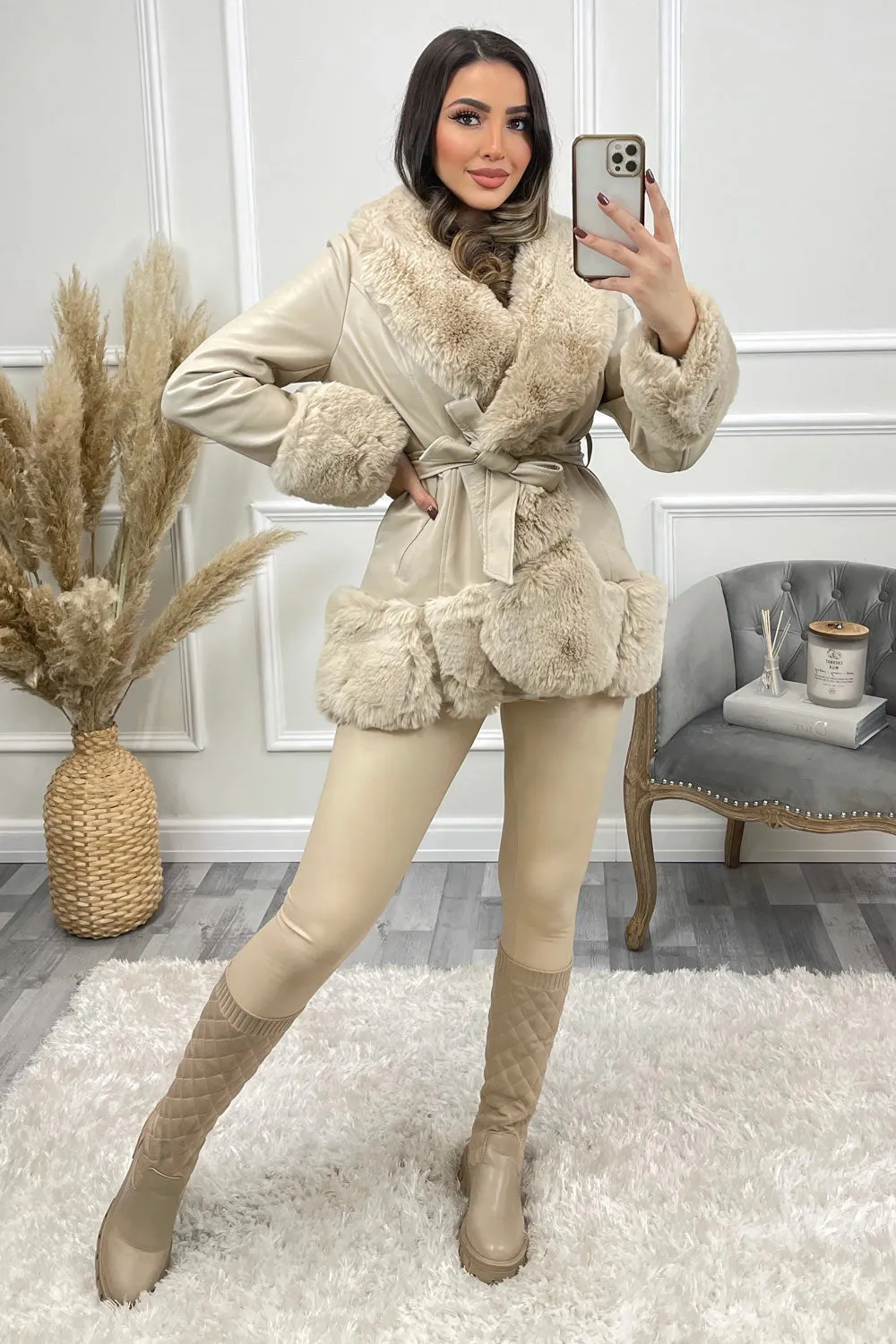 Ora Beige PU Faux Leather Faux Fur Curved Hem Belted Coat