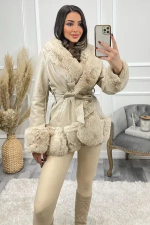 Ora Beige PU Faux Leather Faux Fur Curved Hem Belted Coat
