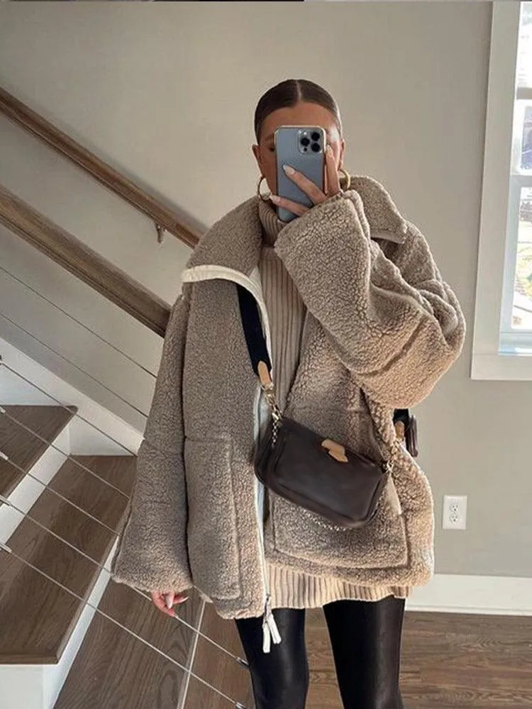 Oversized fleece jas met rits