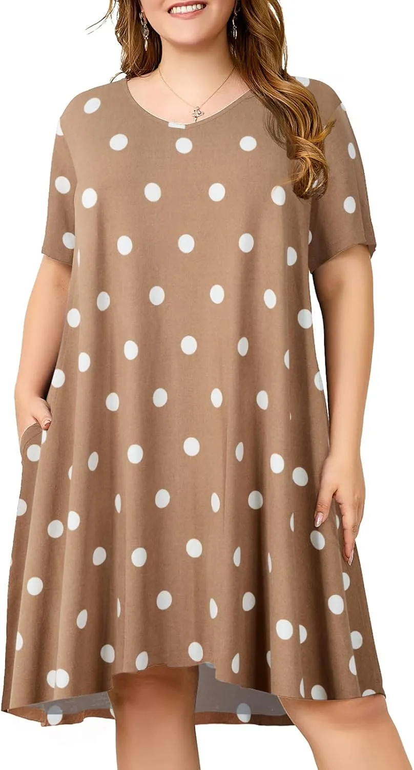 OVERWORETY Womens Short Sleeve Plus Size T-Shirt Dress V Neck Casual Loose Swing A-Line Summer Tunic Dresses with Pockets