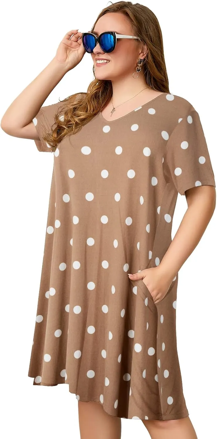 OVERWORETY Womens Short Sleeve Plus Size T-Shirt Dress V Neck Casual Loose Swing A-Line Summer Tunic Dresses with Pockets