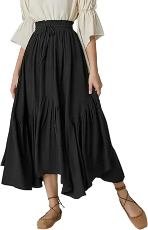 Perbai Women's High Waisted Renaissance Skirt Tiered Ruffled A Line Pleated Swing Summer Beach Long Skirts