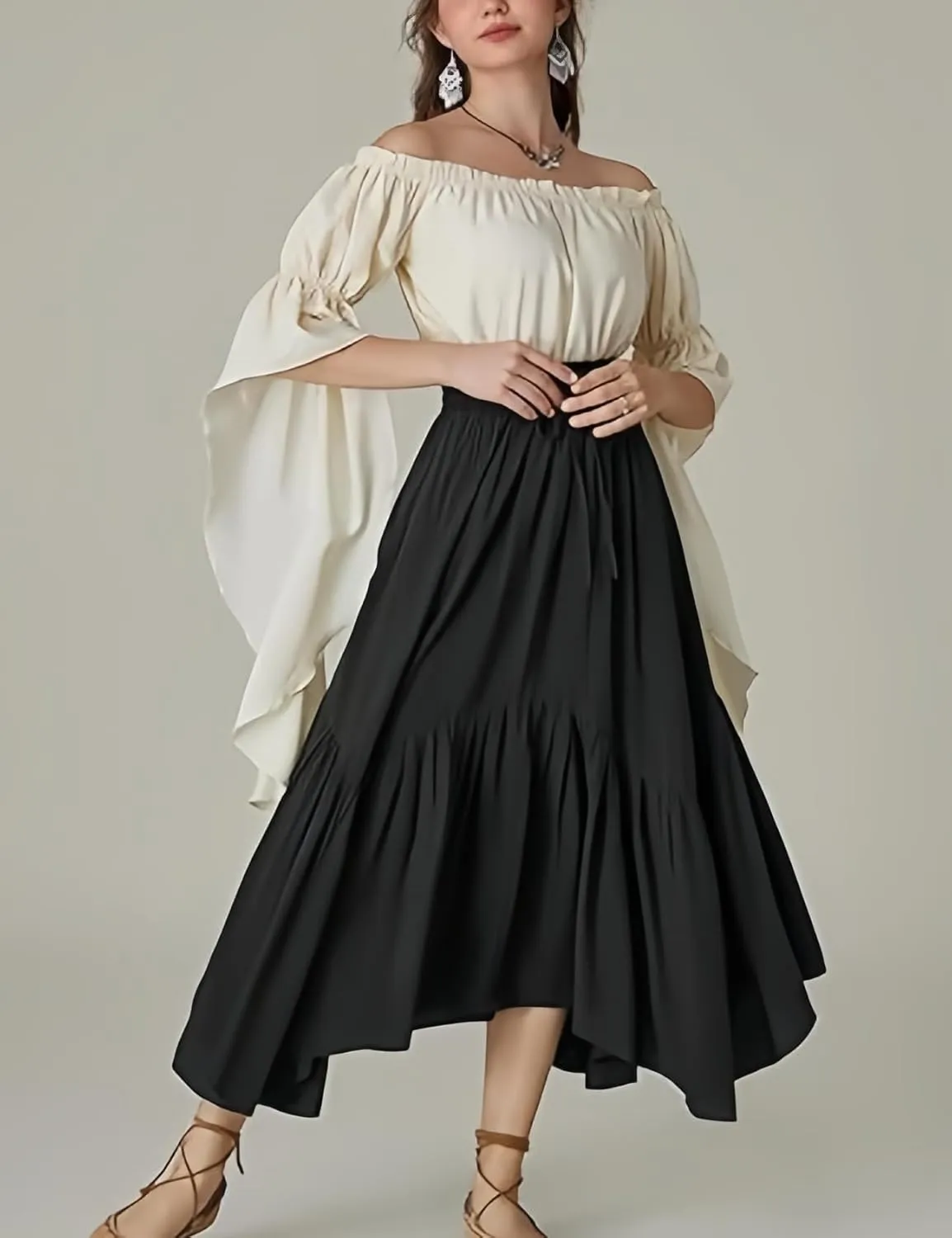Perbai Women's High Waisted Renaissance Skirt Tiered Ruffled A Line Pleated Swing Summer Beach Long Skirts