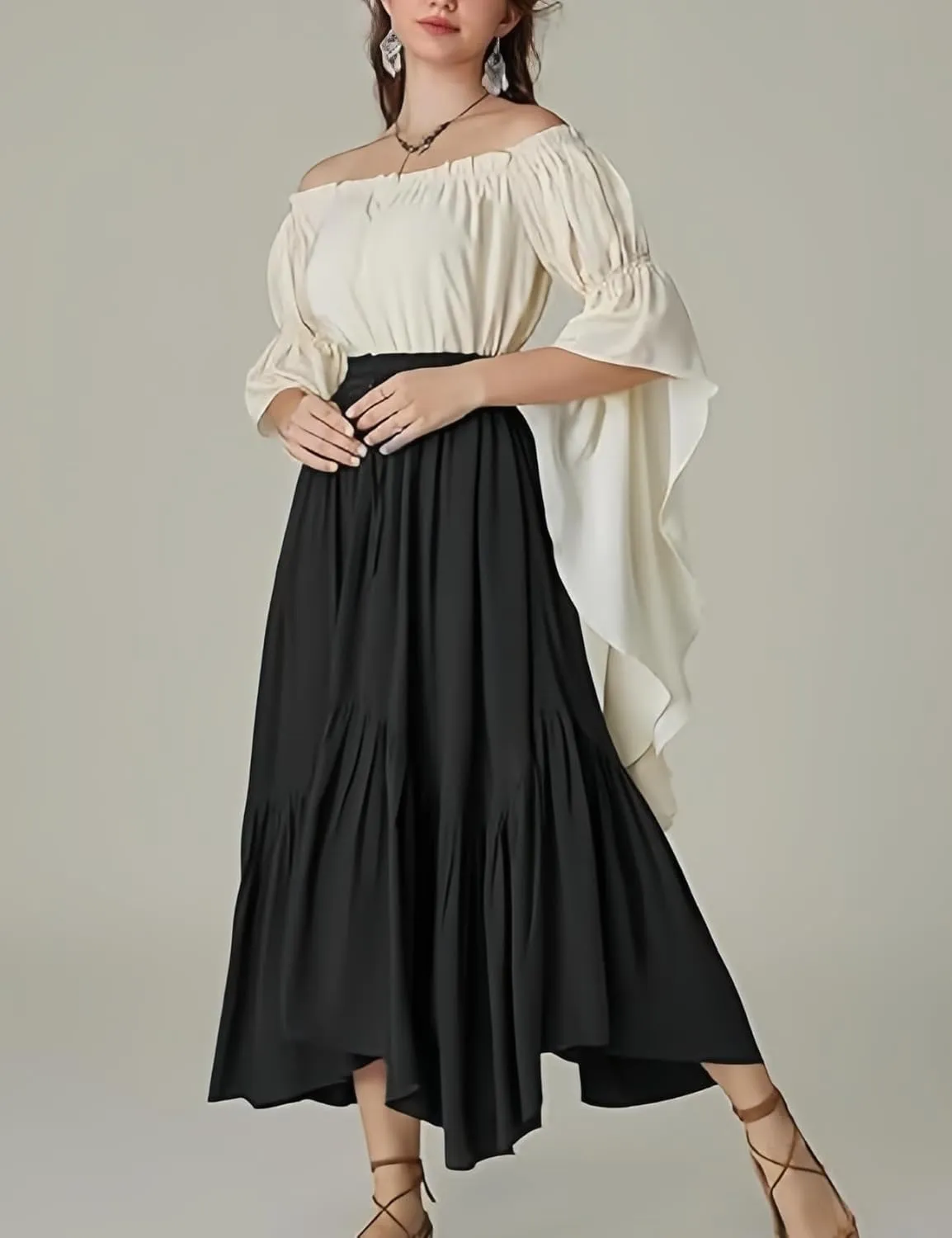 Perbai Women's High Waisted Renaissance Skirt Tiered Ruffled A Line Pleated Swing Summer Beach Long Skirts