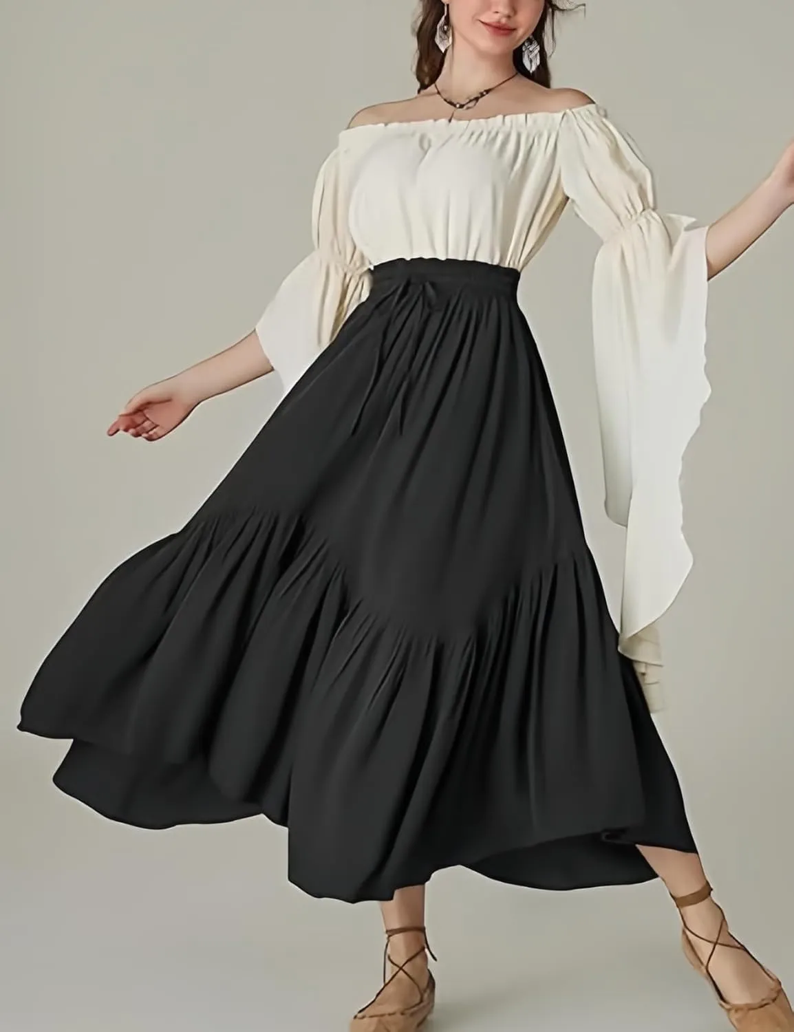 Perbai Women's High Waisted Renaissance Skirt Tiered Ruffled A Line Pleated Swing Summer Beach Long Skirts