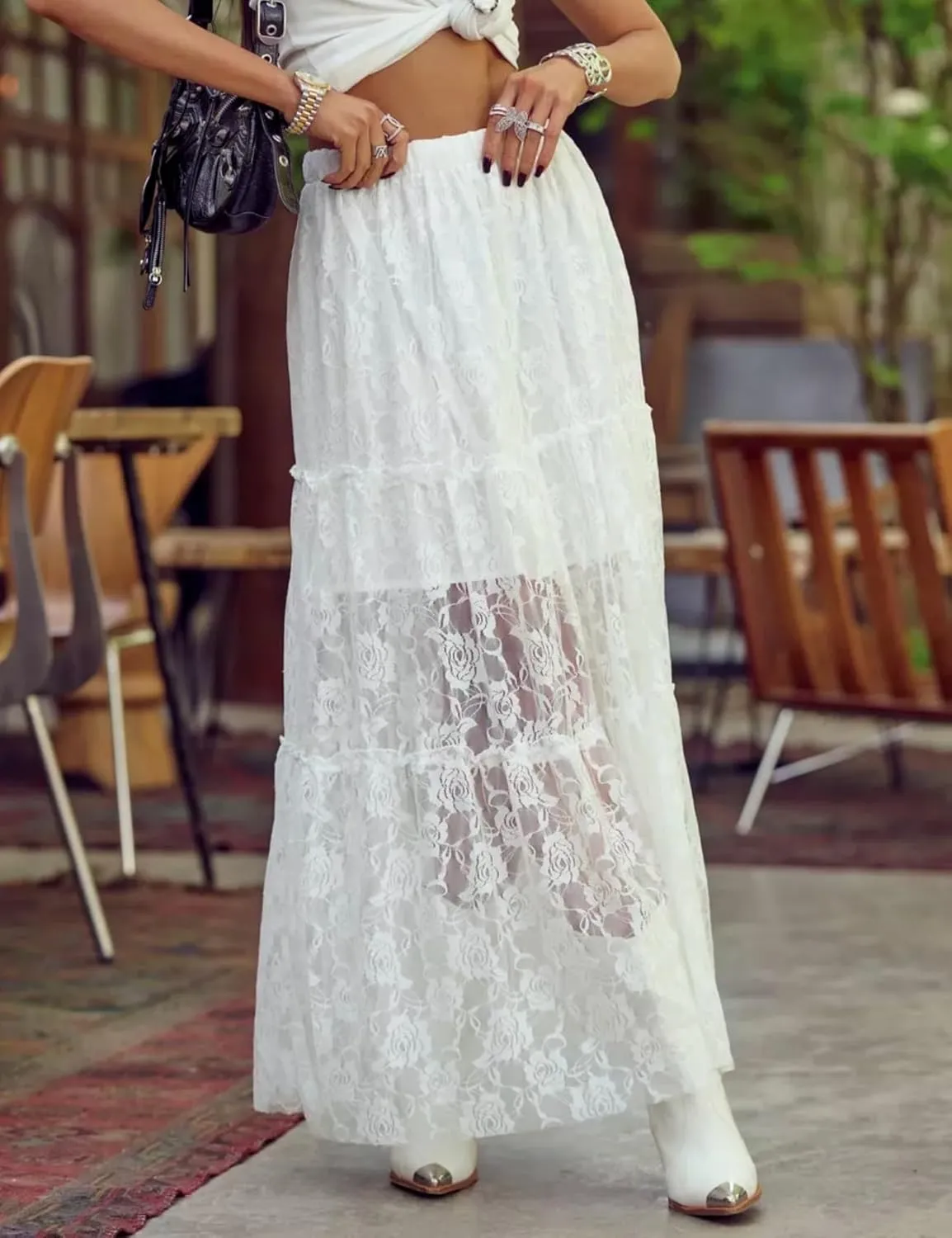 Perbai Women's Sexy Lace Sheer Long Skirt High Waisted Floral Hollow Out A Line Pleated Flowy Beach Maxi Skirts