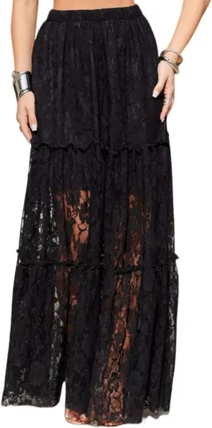 Perbai Women's Sexy Lace Sheer Long Skirt High Waisted Floral Hollow Out A Line Pleated Flowy Beach Maxi Skirts
