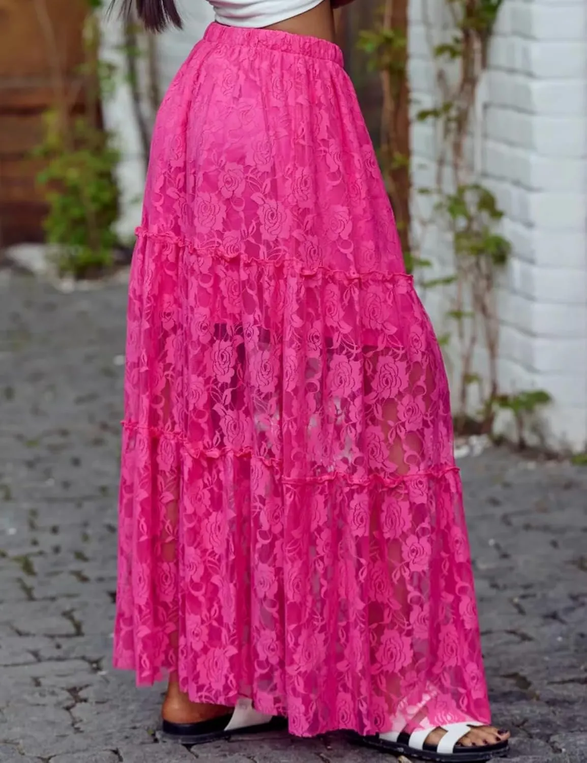 Perbai Women's Sexy Lace Sheer Long Skirt High Waisted Floral Hollow Out A Line Pleated Flowy Beach Maxi Skirts